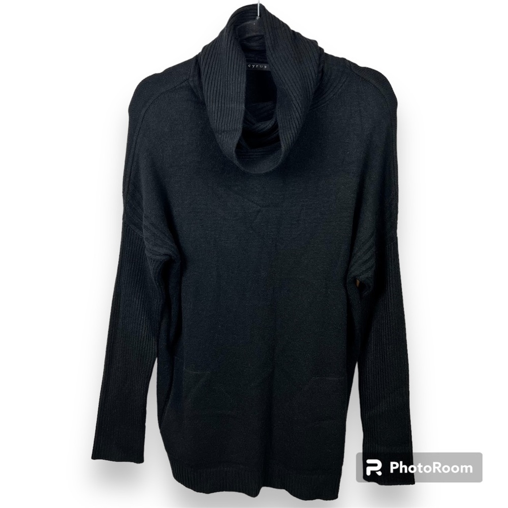 Cyrus Women’s Cowl Neck Rayon Knit Black Oversized Tunic Sweater Size M